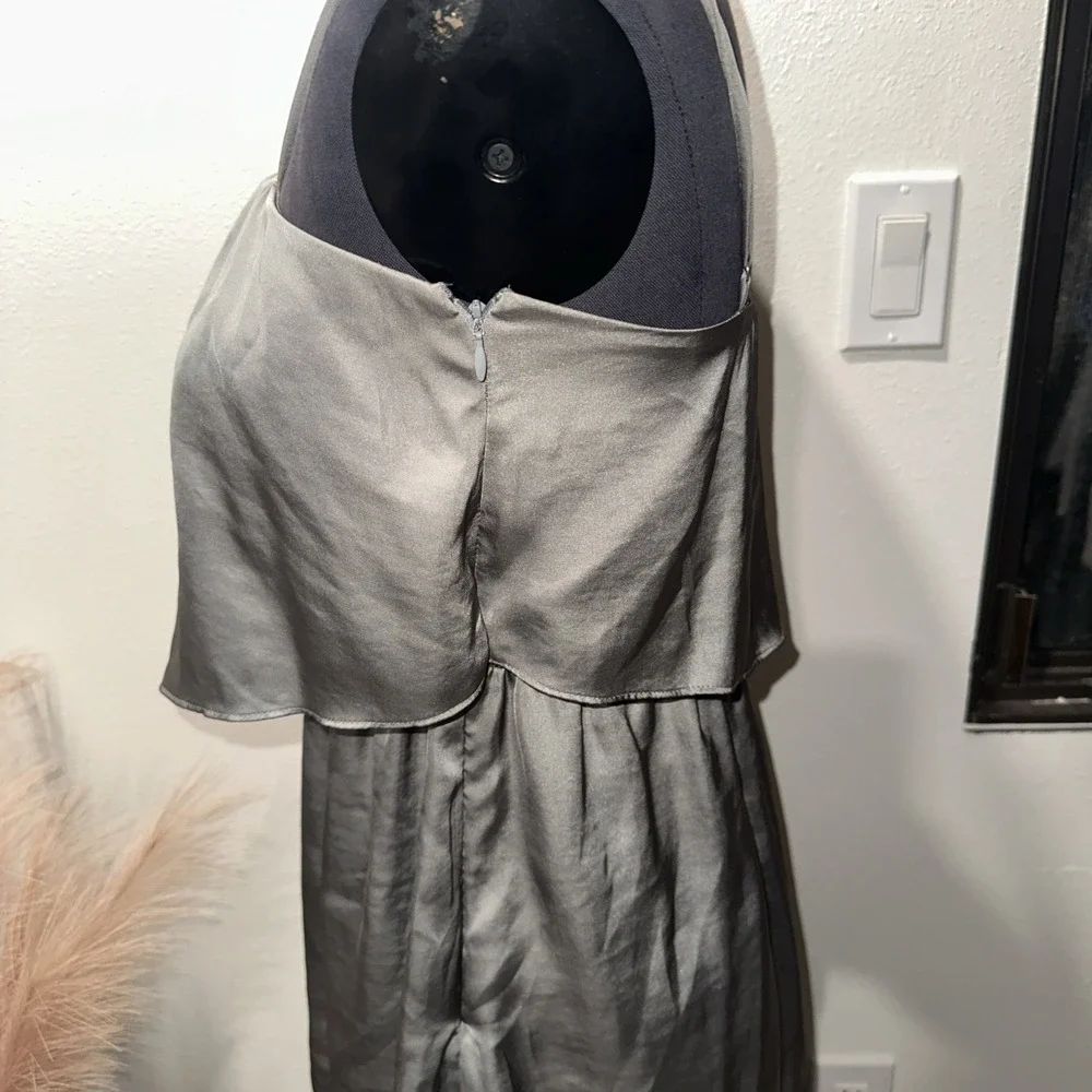 Banana Republic Maxi Dress Gray Elastic waist‎ Tired Ruffle Strap Satin Size 4